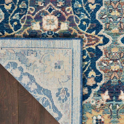 Navy Multicolor Rug, Stain-Resistant Rug, Traditional Bordered Floral ...
