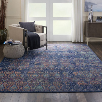 Navy Multicolour Traditional Persian Easy to Clean Floral Rug For ...