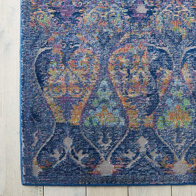 Navy Multicolour Traditional Persian Easy to Clean Floral Rug For ...