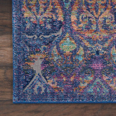 Navy Multicolour Traditional Persian Easy to Clean Floral Rug For ...