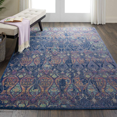 Navy Multicolour Traditional Persian Easy to Clean Floral Rug For Dining Room Bedroom And Living Room-160cm X 229cm