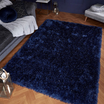 Navy Plain Shaggy Modern Sparkle Rug Easy to clean Living Room and ...