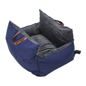 Navy Plush Pet Car Seat Bed with Handle and Adjustable Strap