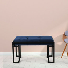 Navy Plush Velvet Hallway Living Room Upholstered Bench Cushioned Padded Stool Pouffe Bed End Seat Metal Frame