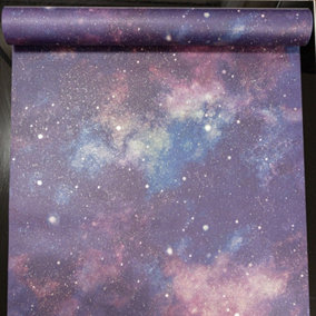 Navy/Purple Space Galaxy Wallpaper Textured Night Sky Planets Glittery Stars