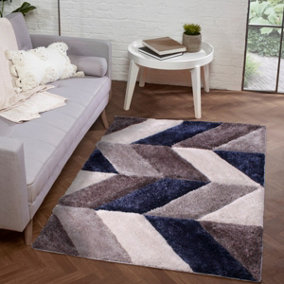 Navy Shaggy Modern Sparkle Geometric Easy to clean Rug for Dining Room Bed Room and Living Room-160cm X 225cm
