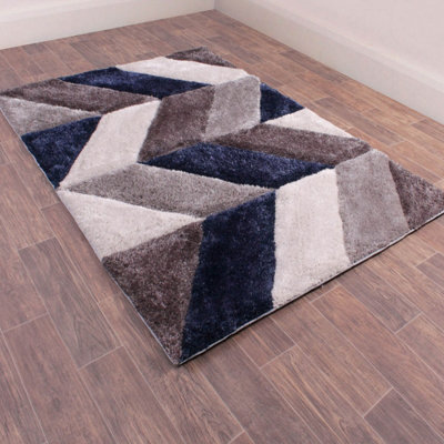 Navy Shaggy Modern Sparkle Geometric Easy to clean Rug for Dining Room Bed Room and Living Room-60cm X 110cm