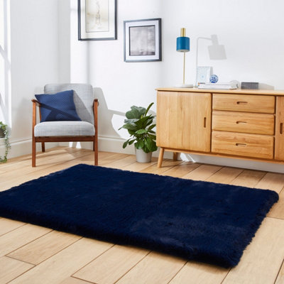 Navy Shaggy Plain Modern Easy to Clean Polyester Rug for Living Room and Bedroom-80cm X 150cm