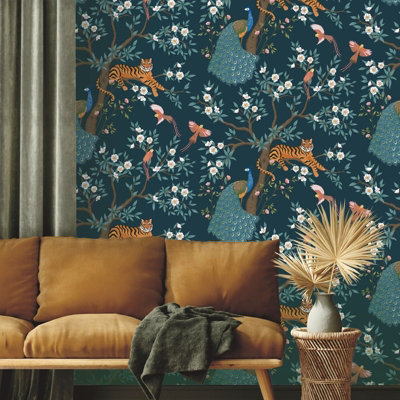 Navy Teal Tropical Wallpaper Tiger Birds Peacock Trees Floral Exotic Jungle