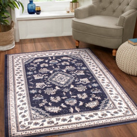 Navy Traditional Bordered Floral Easy to clean Rug for Dining Room Bed Room and Living Room-120cm X 170cm