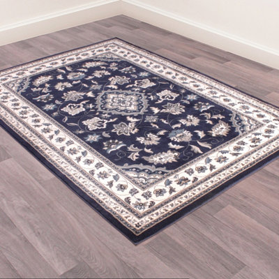 Navy Traditional Bordered Floral Easy to clean Rug for Dining Room Bed ...