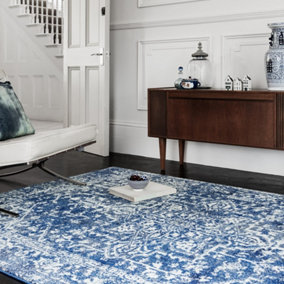 Navy Traditional Easy to Clean Floral Rug For Dining Room-200cm X 290cm