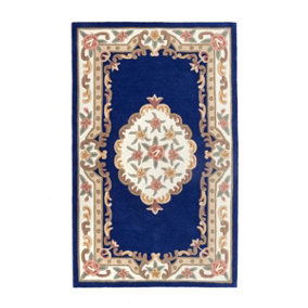 Navy Traditional Rug, Handmade Rug with 25mm Thickness, Navy Floral Rug for Living Room, & Dining Room-120cm (Circle)