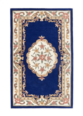 Navy Traditional Rug, Handmade Rug with 25mm Thickness, Navy Floral Rug for Living Room, & Dining Room-120cm X 180cm