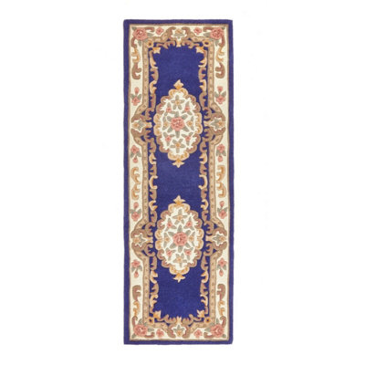 Navy Traditional Rug, Handmade Rug with 25mm Thickness, Navy Floral Rug for Living Room, & Dining Room-67 X 210cm (Runner)