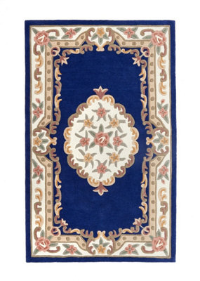 Navy Traditional Rug, Handmade Rug with 25mm Thickness, Navy Floral Rug for Living Room, & Dining Room-67cm X 127cm (Halfmoon)