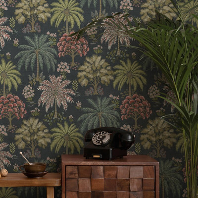Navy Tropical Trees Wallpaper Foliage Leaf Textured Feature Wall