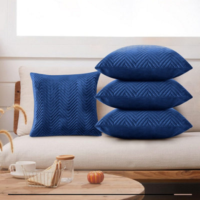 Navy Velvet Embossed Cushion Covers With Anti Allergic Quilted Cushion Pad Sofa Bed & Chair Cushions Pack Of 4