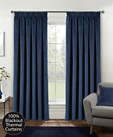 Navy Velvet, Supersoft, 100% Blackout, Thermal Pair of Curtains with Tape Top - 90 x 72 inch (229x183cm)