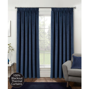 Navy Velvet, Supersoft, 100% Blackout, Thermal Pair of Curtains with Tape Top - 90 x 72 inch (229x183cm)