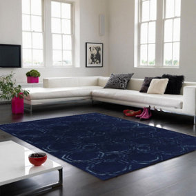 Navy Wool Handmade Luxurious Modern Geometric Rug Easy to clean Living Room and Bedroom-160cm X 230cm
