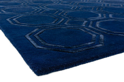 Navy Wool Handmade Luxurious Modern Geometric Rug Easy to clean Living ...