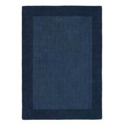 Navy Wool Rug, 25mm Thick Bordered Rug, Handmade Modern Navy Rug for Bedroom, Living Room, & Dining Room-80cm X 150cm