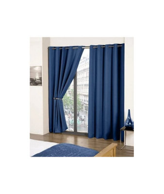 Navy Woven Thermal Blackout Eyelet Curtains 66 inch width x 72 inch drop