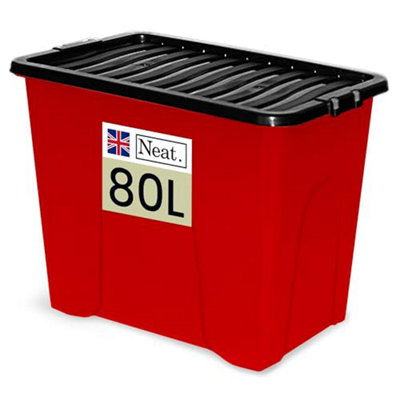 Neat. 80L Storage Boxes with Lids - Red Base & Black Clip Lid Ideal for Home Organisation- Pack of 10