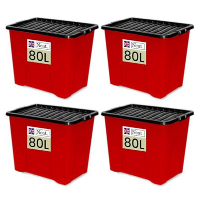 Neat. 80L Storage Boxes with Lids - Red Base & Black Clip Lid Ideal for Home Organisation- Pack of 4