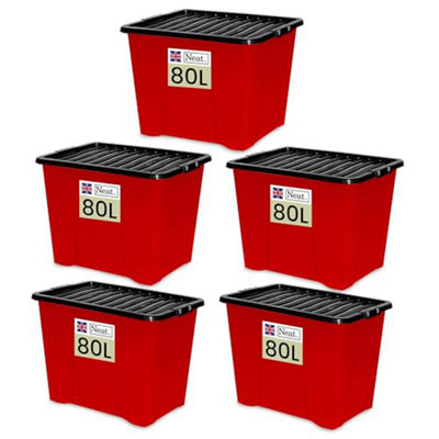 Neat. 80L Storage Boxes with Lids - Red Base & Black Clip Lid Ideal for Home Organisation- Pack of 5