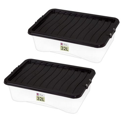 Neat. Plastics 32L Storage Box, Clear Base, Black Lid - Organise Easily with Plastic Storage Box-Pack of 2