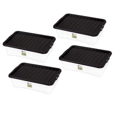 Neat. Plastics 32L Storage Box, Clear Base, Black Lid - Organise Easily with Plastic Storage Box-Pack of 4