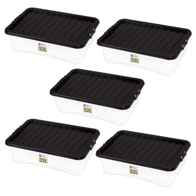 Neat. Plastics 32L Storage Box, Clear Base, Black Lid - Organise Easily with Plastic Storage Box-Pack of 5