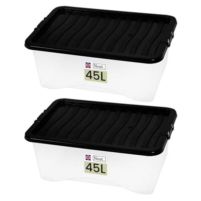 Neat. Plastics 45L Heavy Duty Storage Box, Clear Base, Black Lid - Organise Easily with Plastic Storage Box- Pack of 2