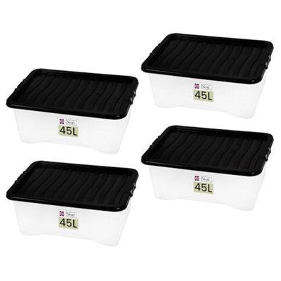 Neat. Plastics 45L Heavy Duty Storage Box, Clear Base, Black Lid - Organise Easily with Plastic Storage Box-Pack of 4