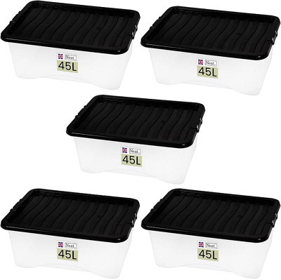 Neat. Plastics 45L Heavy Duty Storage Box, Clear Base, Black Lid - Organise Easily with Plastic Storage Box-Pack of 5