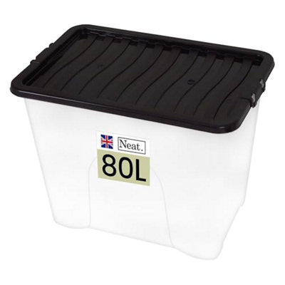 Neat. Plastics 80L Storage Box, Clear Base, Black Lid - Organise Easily with Plastic Storage Box- Pack of 1