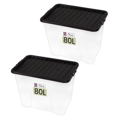 Neat. Plastics 80L Storage Box, Clear Base, Black Lid - Organise Easily with Plastic Storage Box- Pack of 2