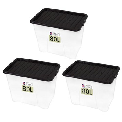 Neat. Plastics 80L Storage Box, Clear Base, Black Lid - Organise Easily with Plastic Storage Box- Pack of 3