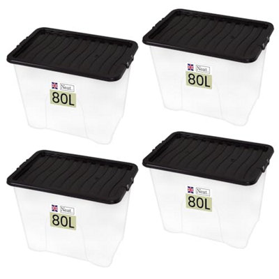 Neat. Plastics 80L Storage Box, Clear Base, Black Lid - Organise Easily with Plastic Storage Box- Pack of 4