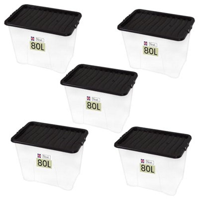 Neat. Plastics 80L Storage Box, Clear Base, Black Lid - Organise Easily with Plastic Storage Box- Pack of 5