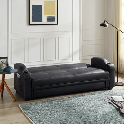 Nebraska 3 Seater Sofa Bed Faux Leather With Side Pockets Armrest Cupholders UnderSeat Storage Clic Clac