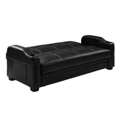 Nebraska 3 Seater Sofa Bed Faux Leather With Side Pockets  Armrest Cupholders UnderSeat Storage Clic Clac