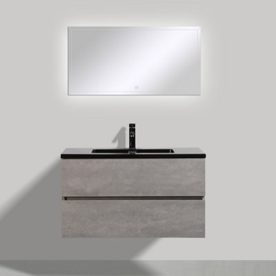 Nebula Wall Hung 900mm Vanity Unit in Concrete with Black Basin