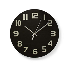 Nedis Circular Modern Wall Clock 30cm Minimalist Easy To Read Numbers - Black Glass