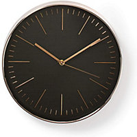 Nedis Large Modern Black Face Wall Clock 30cm with Rose Gold Dial