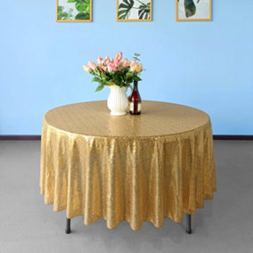 Neel Blue 120 Inch Round Sequin Tablecloth, Gold