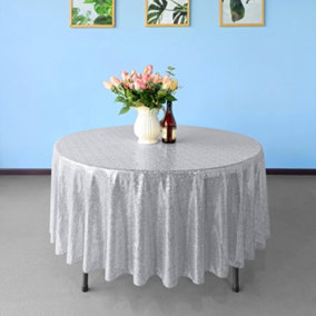 Neel Blue 120 Inch Round Sequin Tablecloth, Silver