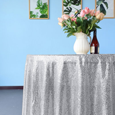Neel Blue 50 Inch Round Sequin Tablecloth, Silver